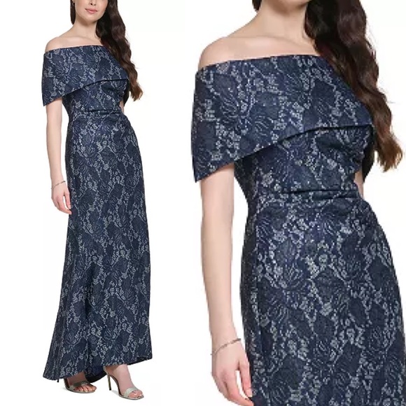 VINCE CAMUTO
Women's Off-The-Shoulder
Sequin Lace Column Gown size 8 blue silver - Picture 5 of 12